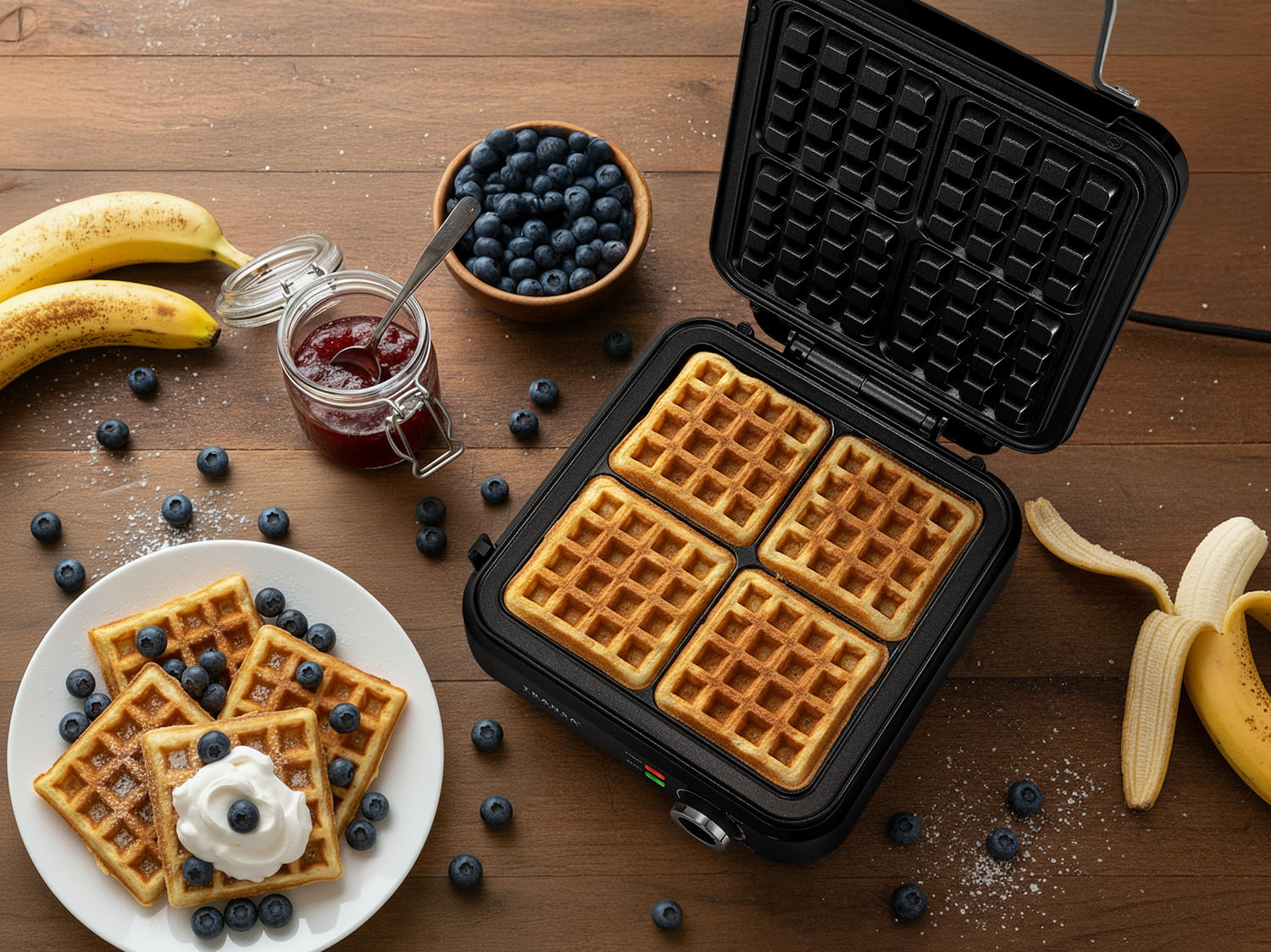 Cztery domowe gofry przygotowane w gofrownicy FourWaffles Transa Electronics